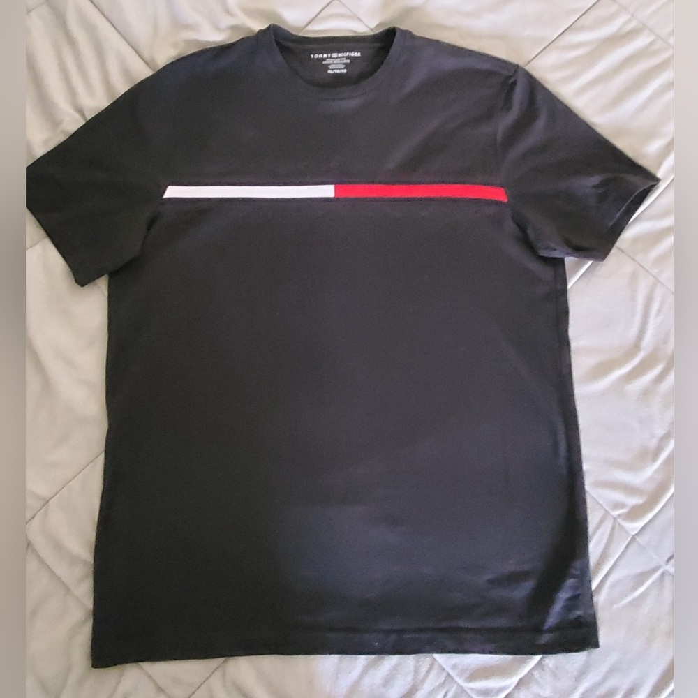 Tommy Hilfiger Men’s Black Crewneck T-Shirt with Red & White Stripe
